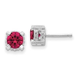 925 Sterling Silver  6.5mm Lab Created Red Ruby &  White CZ Stud Post Earrings